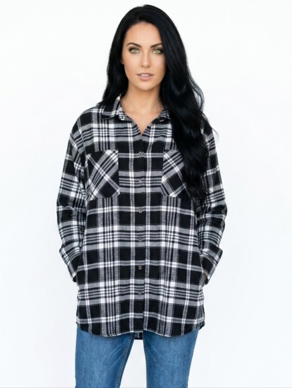 Fader Rose Black & White & Gray Plaid Button-Up Shirt - Women's Top